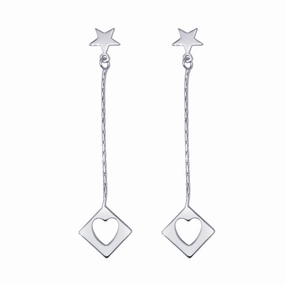 Silver 925 Rhodium Plated Wired Dangling Square Open Heart Stud Earrings - DSE00028