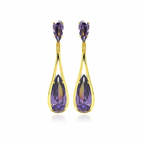 Silver 925 Rose Gold Rhodium Plated Purple Teardrop CZ Dangling Stud Earrings - BGE00282