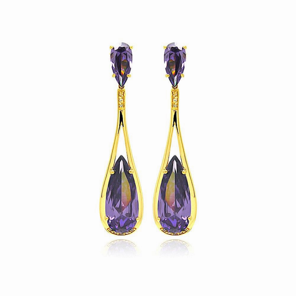 Silver 925 Rose Gold Rhodium Plated Purple Teardrop CZ Dangling Stud Earrings - BGE00282