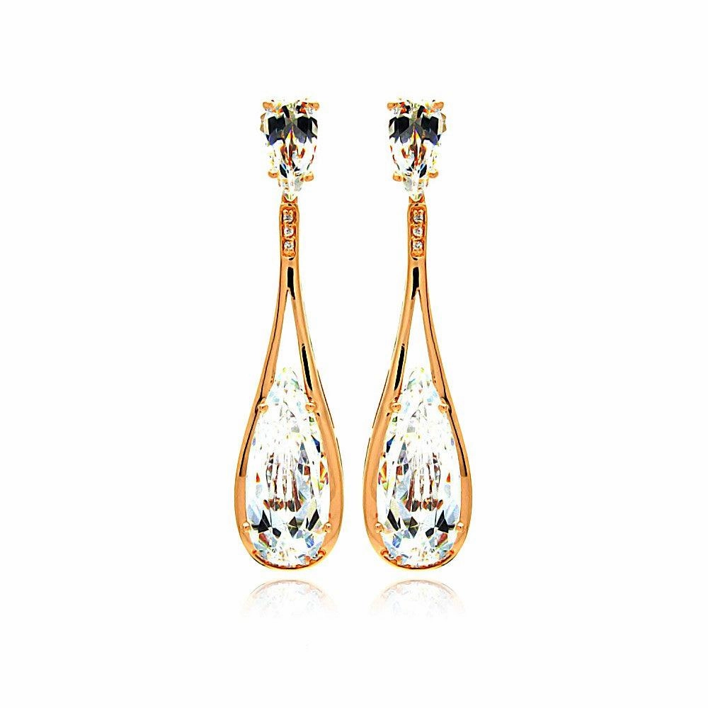 Silver 925 Rose Gold Rhodium Plated Teardrop CZ Dangling Stud Earrings - BGE00281