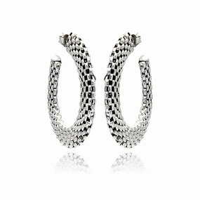 Silver 925 Two Toned Black and Rhodium Plated Crescent Box Link Italian Stud Earrings - ITE00019RH