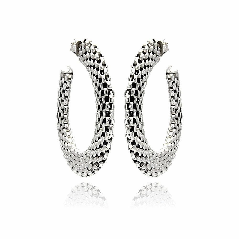 Silver 925 Two Toned Black and Rhodium Plated Crescent Box Link Italian Stud Earrings - ITE00019RH