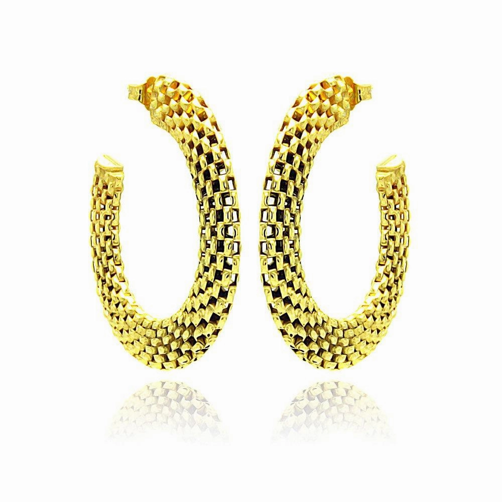 Silver 925 Two Toned Gold and Black Rhodium Plated Crescent Box Link Italian Stud Earrings - ITE00019GP