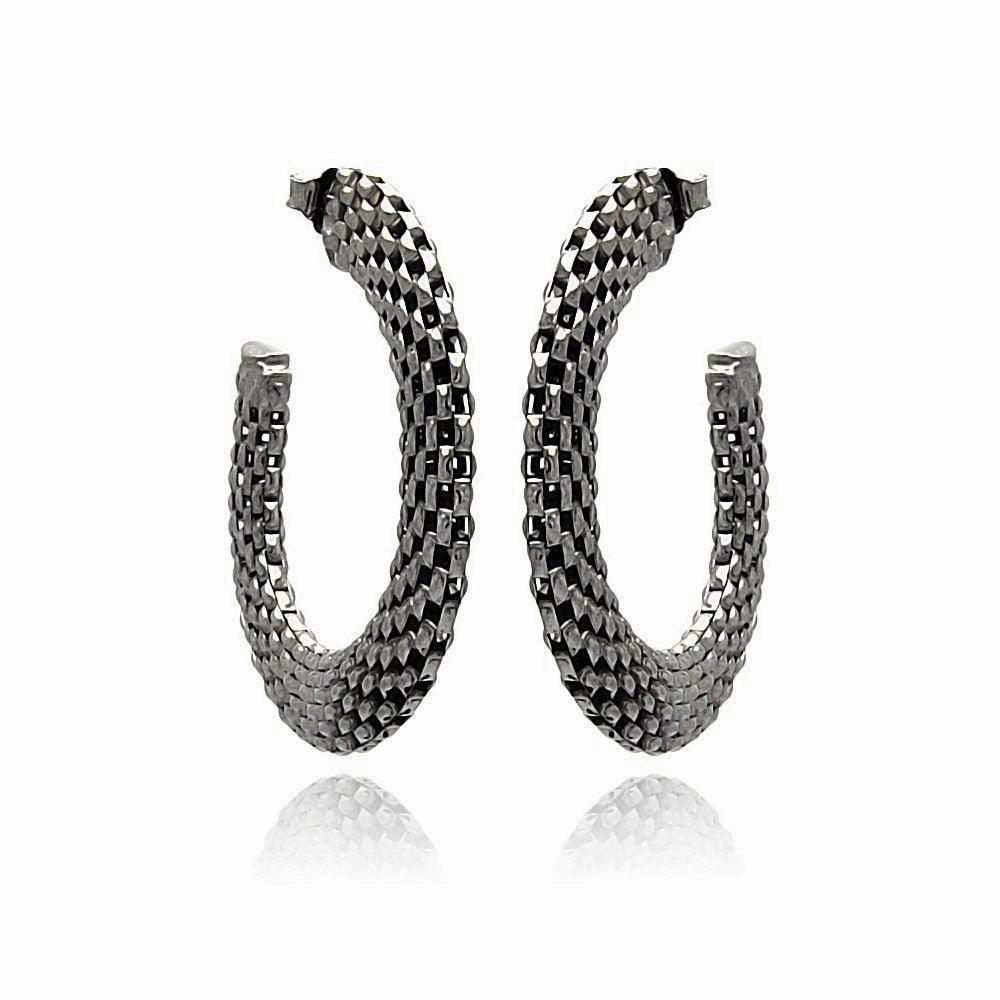 Silver 925 Two Toned Rhodium Plated Crescent Box Link Italian Stud Earrings - ITE00019BLK