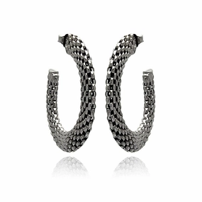 Silver 925 Two Toned Rhodium Plated Crescent Box Link Italian Stud Earrings - ITE00019BLK