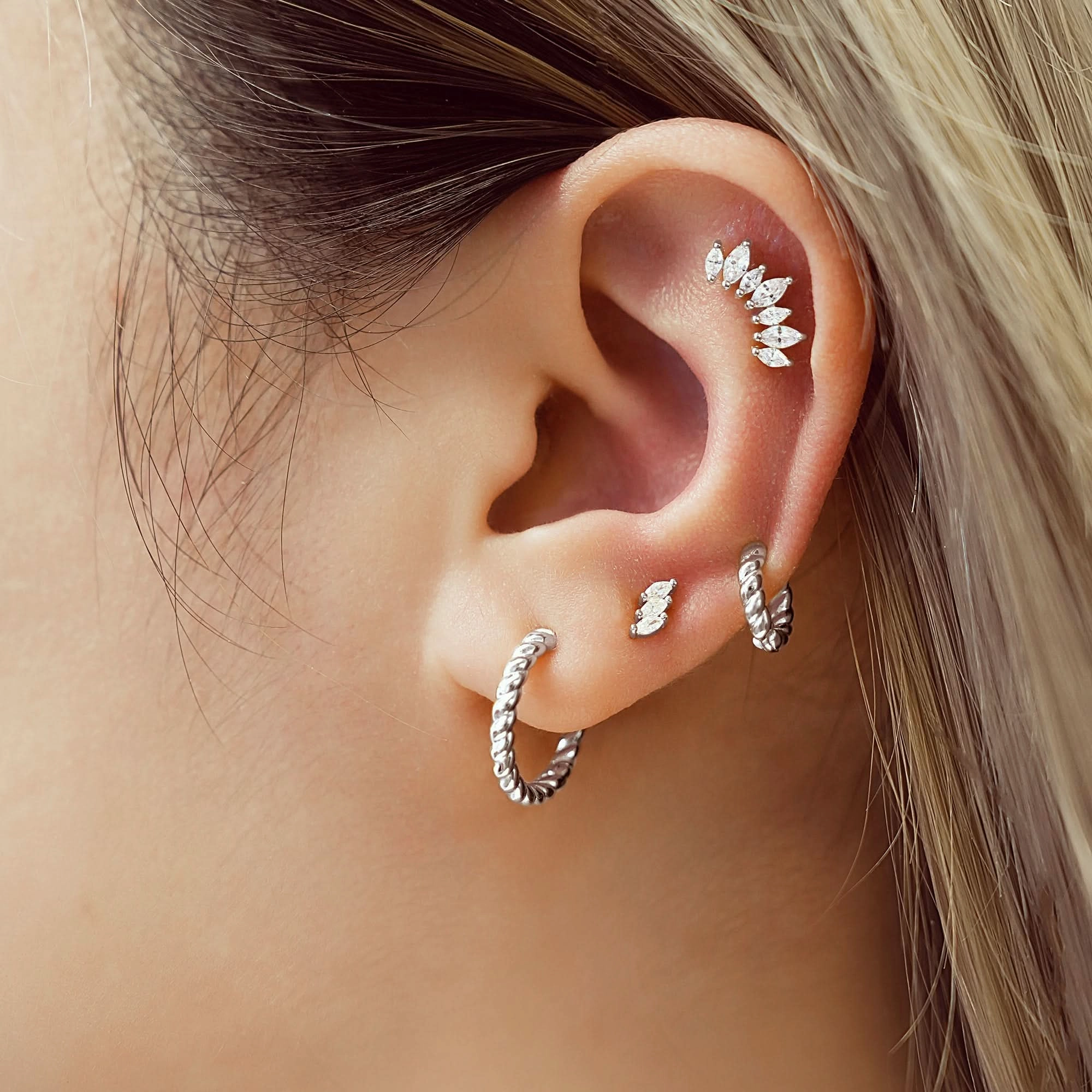 Silver Triple Marquise Stud Earrings E063-01H
