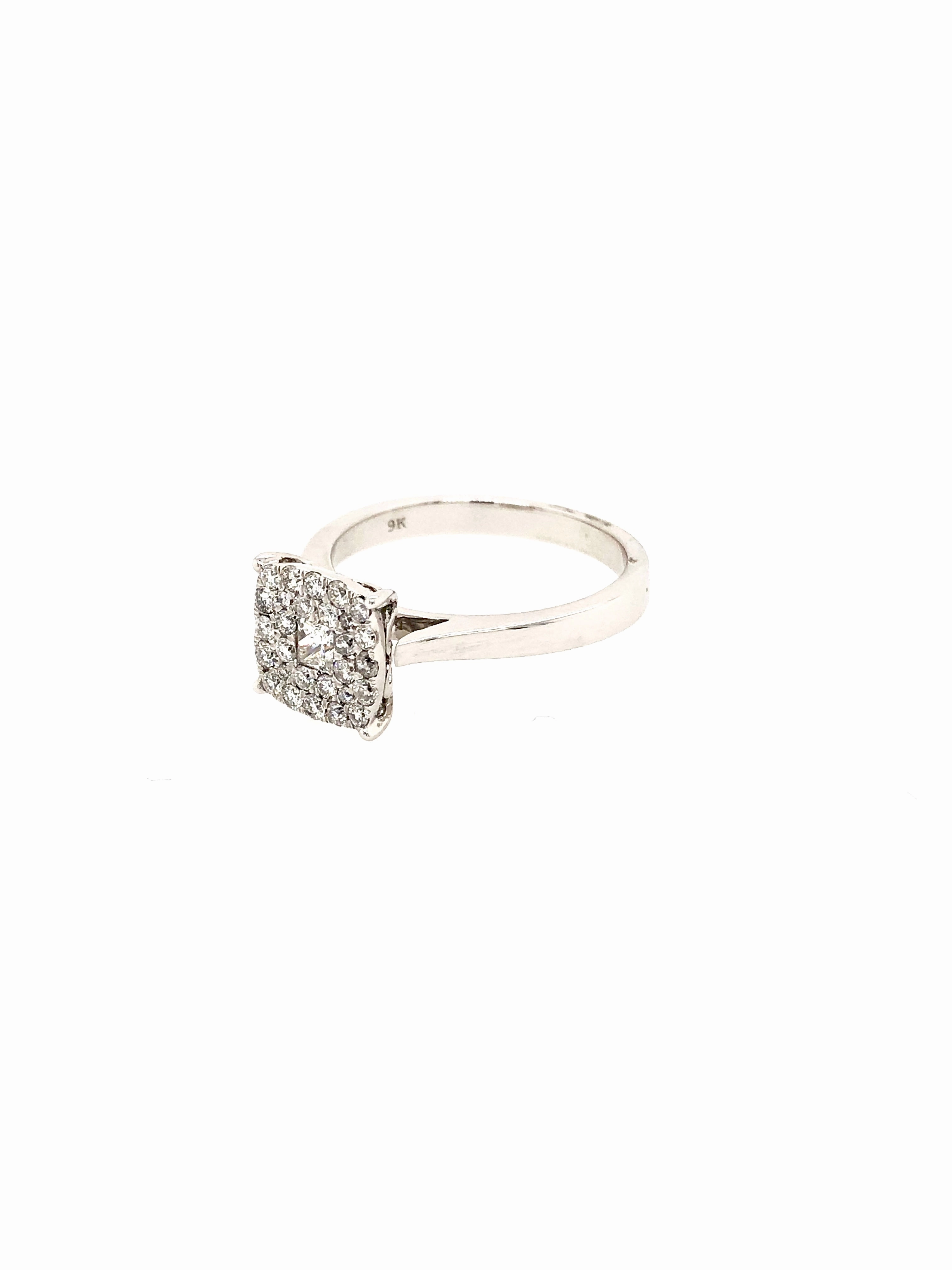 Square Cluster 4 Claw White Gold Ring