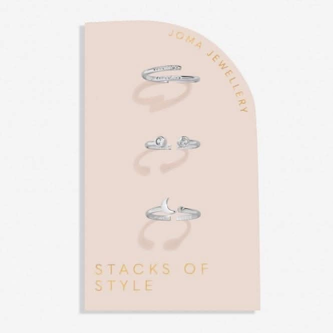Stacks Of Style Moon & Zirconia Silver Plated Set Of 3 Rings 7223