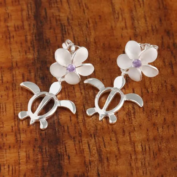Sterling Silver 12mm Plumeria with Purple CZ and Honu (Hawaiian Turtle) Post Earrings