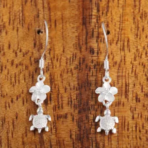 Sterling Silver 6mm Plumeria with CZ and Honu (Hawaiian Turtle) Hook Earrings
