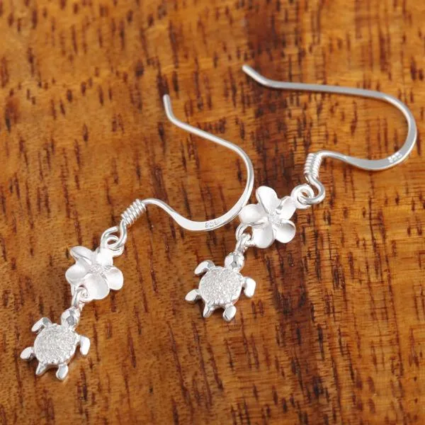Sterling Silver 6mm Plumeria with CZ and Honu (Hawaiian Turtle) Hook Earrings