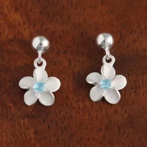 Sterling Silver 8mm Plumeria with Blue CZ and Bead Post Earrings