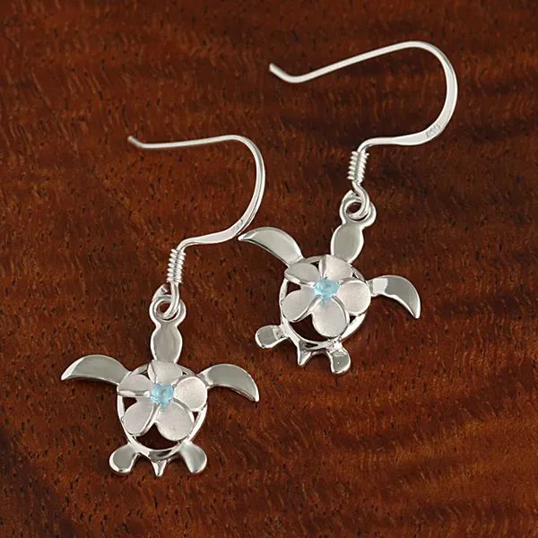 Sterling Silver 8mm Plumeria with Blue CZ on Honu (Hawaiian Turtle) Hook Earrings