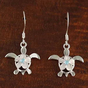 Sterling Silver 8mm Plumeria with Blue CZ on Honu (Hawaiian Turtle) Hook Earrings