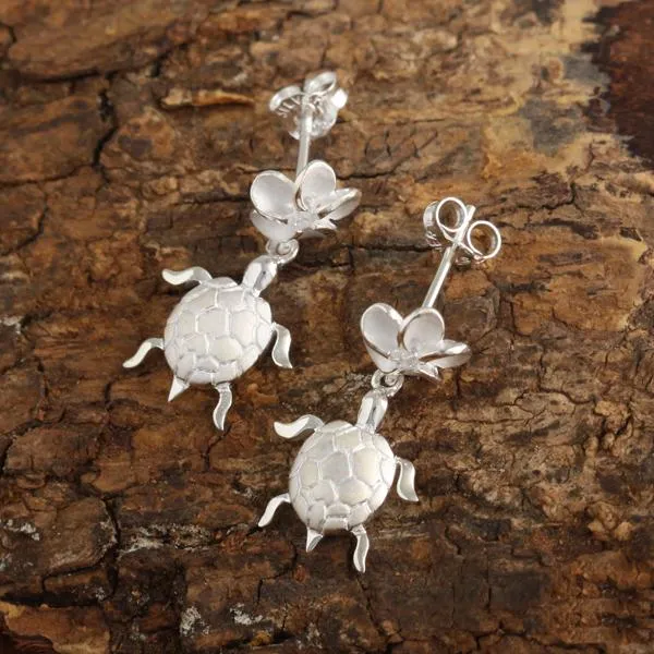 Sterling Silver 8mm Plumeria with CZ and Honu (Hawaiian Turtle) Post Earrings