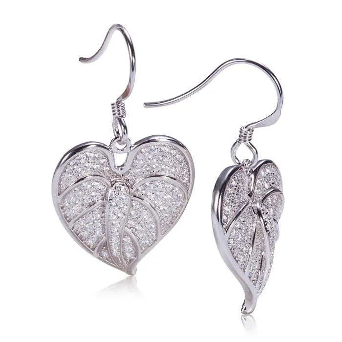 Sterling Silver Anthurium Leaf Pave CZ Hook Earrings