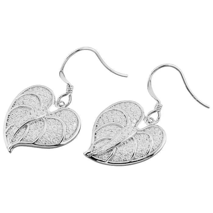 Sterling Silver Anthurium Leaf Pave CZ Hook Earrings