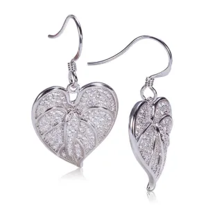 Sterling Silver Anthurium Leaf Pave CZ Hook Earrings