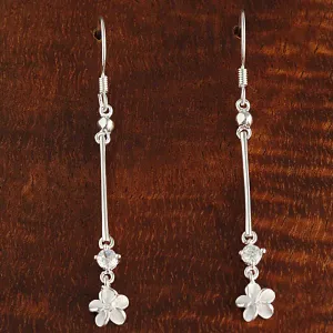 Sterling Silver Bead Bar CZ and Plumeria Hook Earrings