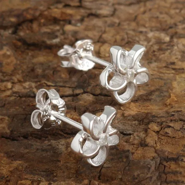 Sterling Silver Floating Plumeria with CZ Post Earrings (8mm/12mm)