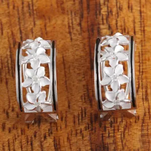 Sterling Silver Four Plumeria with CZ Black Border Half Moon French Clip Earrings