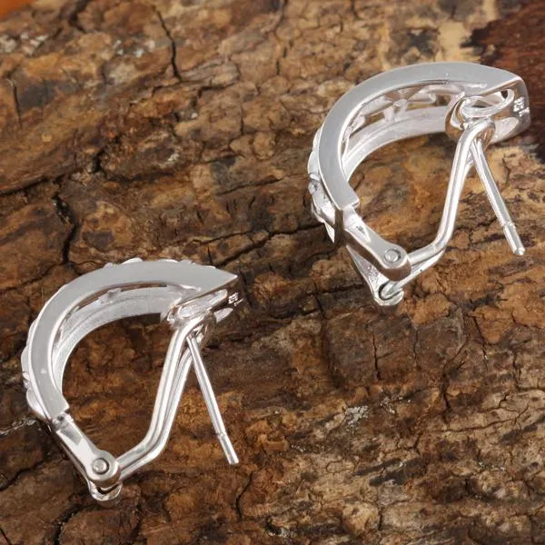 Sterling Silver Four Plumeria with CZ Black Border Half Moon French Clip Earrings