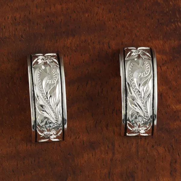 Sterling Silver Hawaiian Scroll Black Border Half Moon Earrings (S/L)