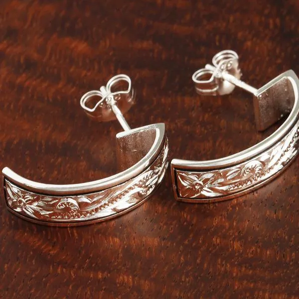 Sterling Silver Hawaiian Scroll Black Border Half Moon Earrings (S/L)