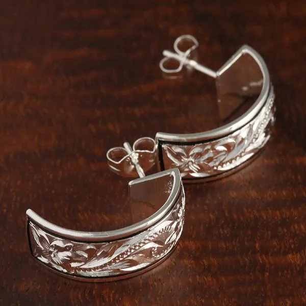 Sterling Silver Hawaiian Scroll Black Border Half Moon Earrings (S/L)