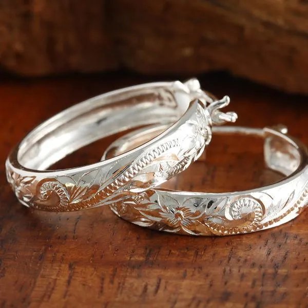 Sterling Silver Hawaiian Scroll Round Hinged Back Earrings (S/L)