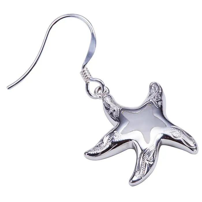 Sterling Silver Hawaiian Scroll Starfish with Mother-of-Pearl Inlay Hook Earrings