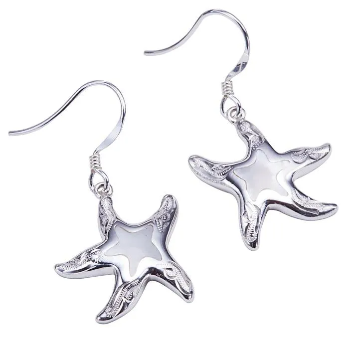 Sterling Silver Hawaiian Scroll Starfish with Mother-of-Pearl Inlay Hook Earrings