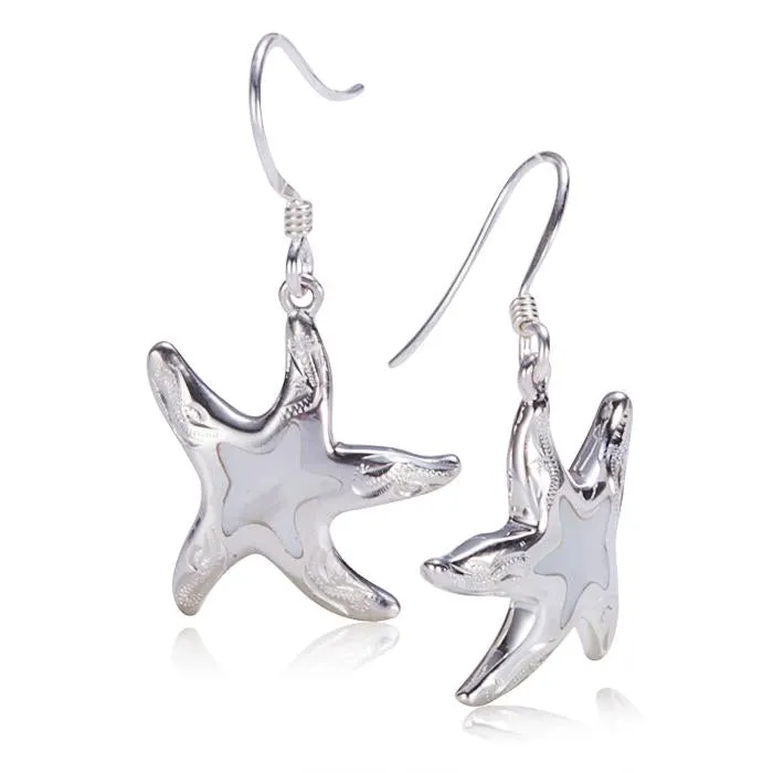 Sterling Silver Hawaiian Scroll Starfish with Mother-of-Pearl Inlay Hook Earrings