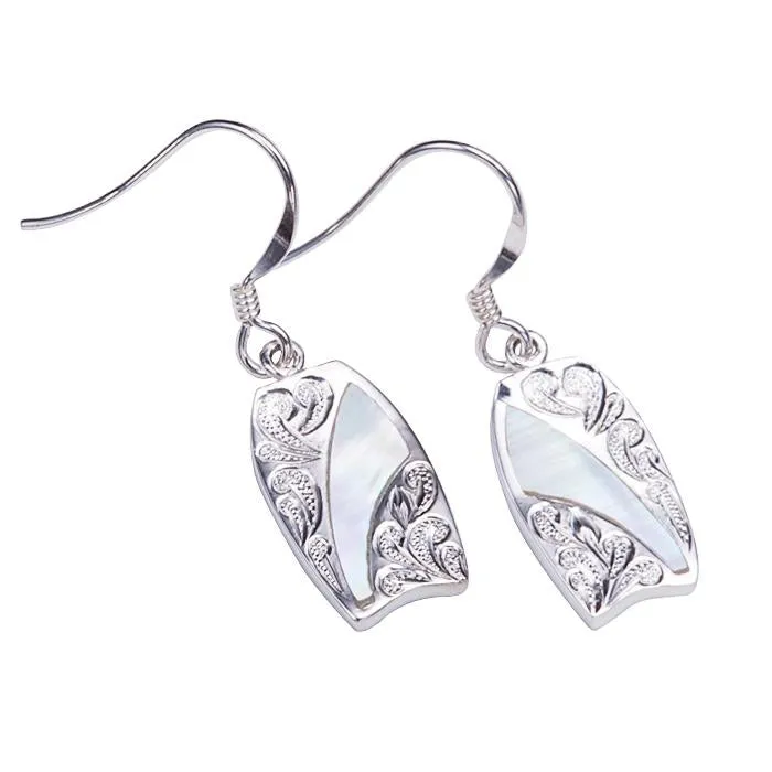 Sterling Silver Hawaiian Scroll Surfboard with Mother-of-Pearl Inlay Hook Earrings
