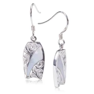 Sterling Silver Hawaiian Scroll Surfboard with Mother-of-Pearl Inlay Hook Earrings