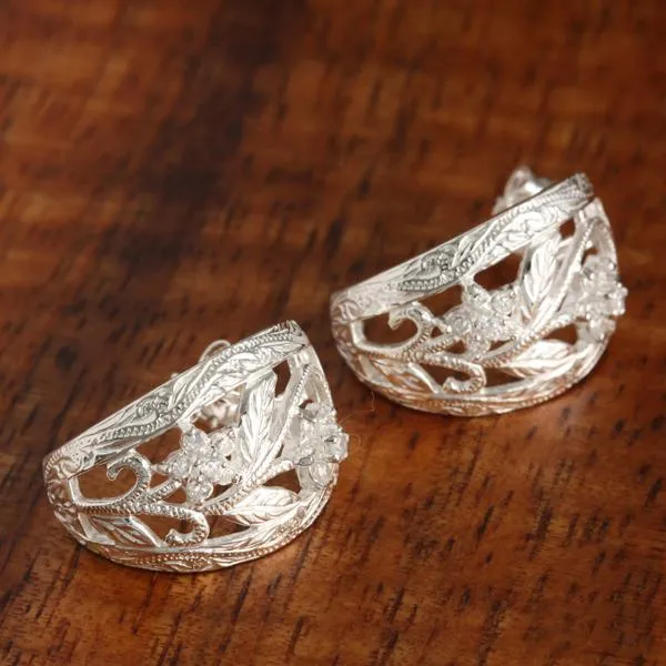 Sterling Silver Hawaiian Scroll with CZ Half Moon Earrings