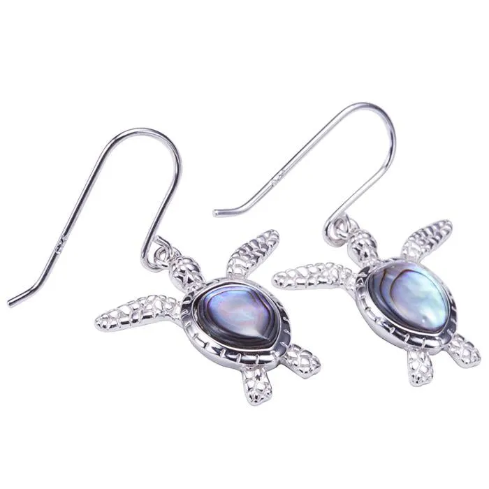 Sterling Silver Honu (Hawaiian Turtle) with Abalone Inlay Hook Earrings