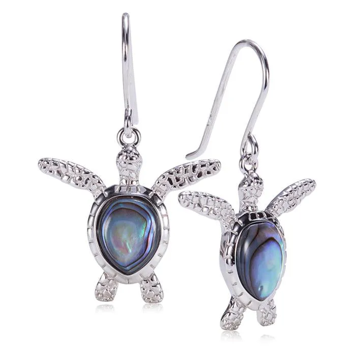 Sterling Silver Honu (Hawaiian Turtle) with Abalone Inlay Hook Earrings