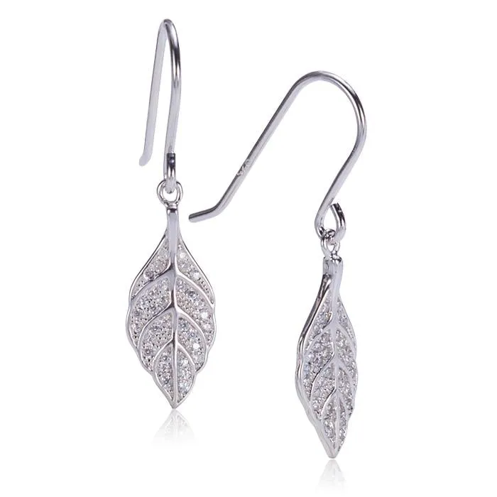 Sterling Silver Maile Leaf Pave CZ Hook Earrings