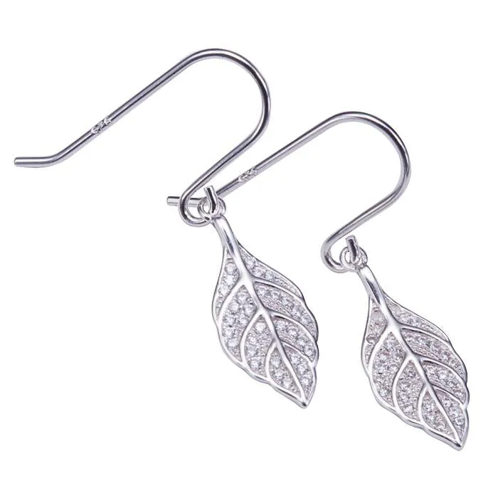 Sterling Silver Maile Leaf Pave CZ Hook Earrings