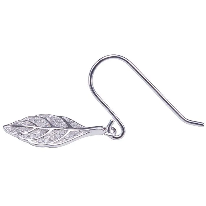 Sterling Silver Maile Leaf Pave CZ Hook Earrings