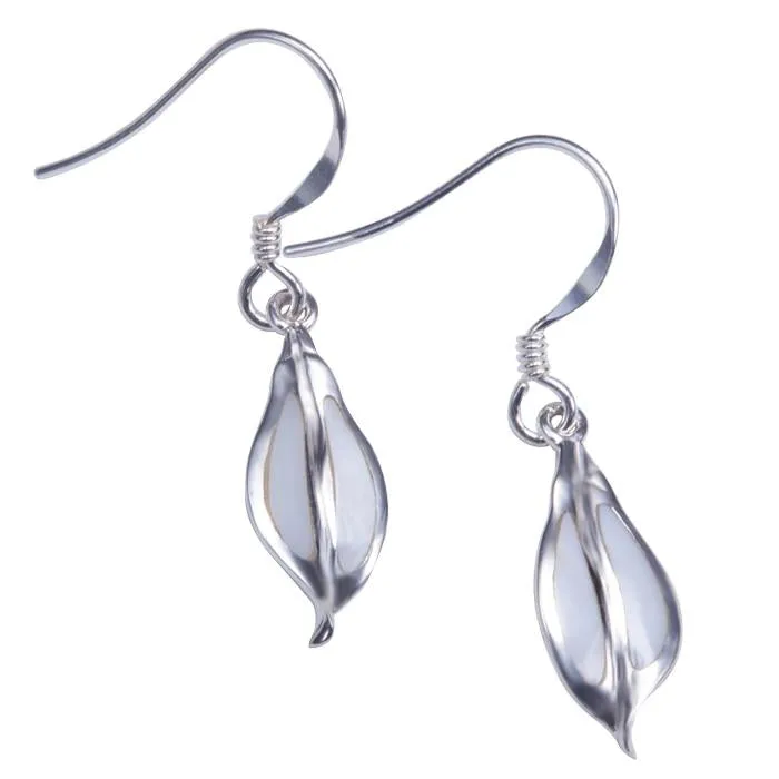 Sterling Silver Maile Leaf with Mother-of-Pearl Inlay Hook Earrings
