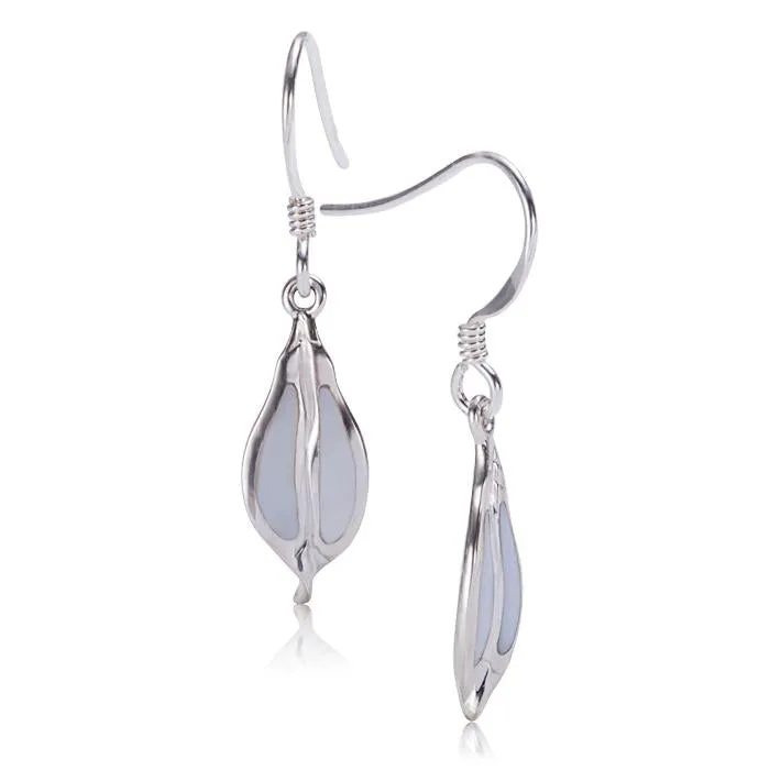 Sterling Silver Maile Leaf with Mother-of-Pearl Inlay Hook Earrings