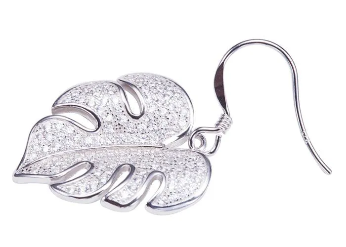 Sterling Silver Monstera Pave CZ Hook Earrings