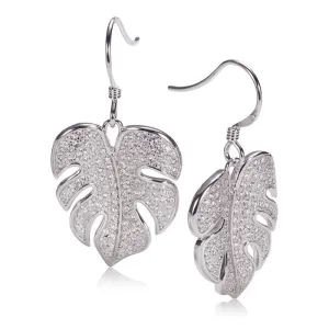 Sterling Silver Monstera Pave CZ Hook Earrings
