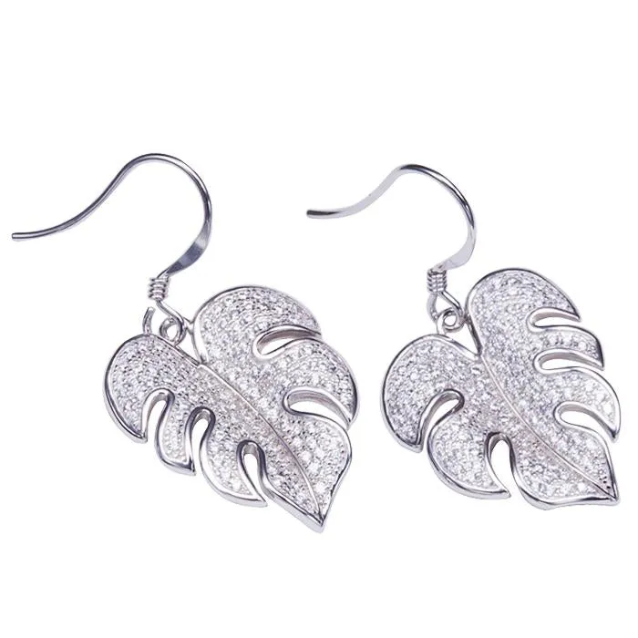 Sterling Silver Monstera Pave CZ Hook Earrings