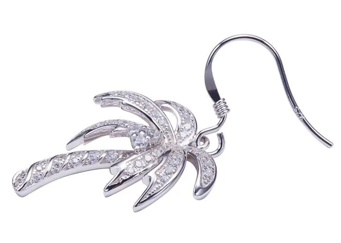 Sterling Silver Palm Tree Pave CZ Hook Earrings