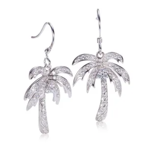 Sterling Silver Palm Tree Pave CZ Hook Earrings