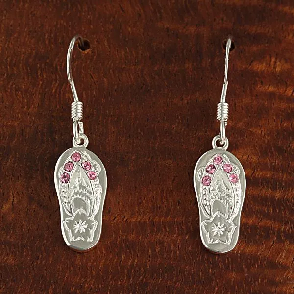 Sterling Silver Pink CZ Strap Hawaiian Scroll Slipper Hook Earrings
