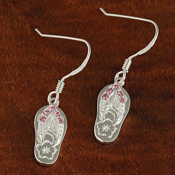 Sterling Silver Pink CZ Strap Hawaiian Scroll Slipper Hook Earrings